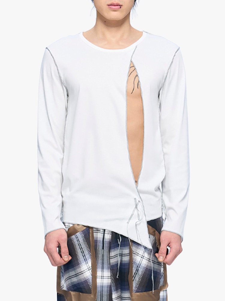 WHITE LAYERED SLIT LONG T-SHIRTS  설밤 화이트 레이어드 슬릿 롱 티셔츠 - 아데쿠베