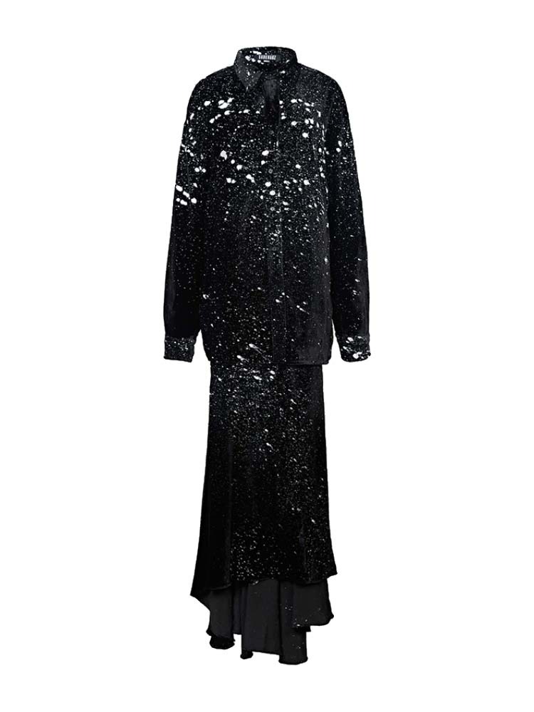 BLACK PAINT SPRAY VELOUR MAXI SHIRT DRESS SANKUANZ 블랙 페인트 스프레이 벨루어 맥시 드레스 - 아데쿠베