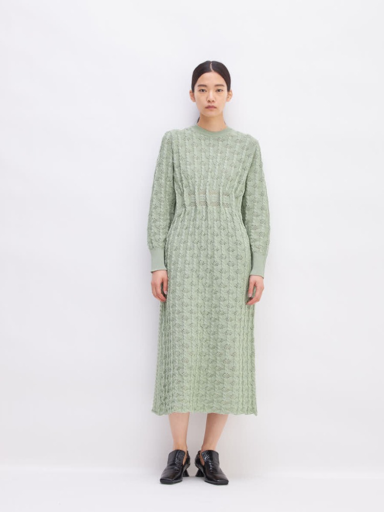 GREEN WAIST TUCK KNIT DRESS  아키라 나카 그린 웨이스트 턱 니트 드레스 - 아데쿠베